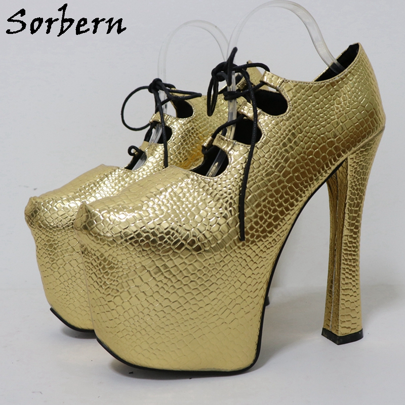 Pump Heel Block - Sorbern Altın Timsah 20 Cm Pompa