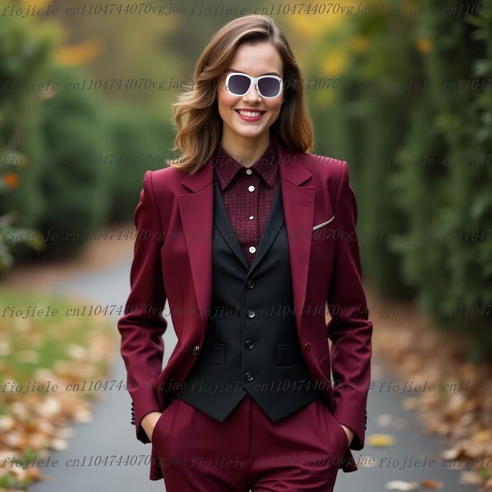 Blazer Set Women Formal - Bordo ve Siyah Resmi İş Kadını