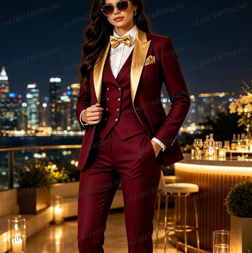 Blazer Set Women Formal - Altın Yaka ve Bordo Resmi İş