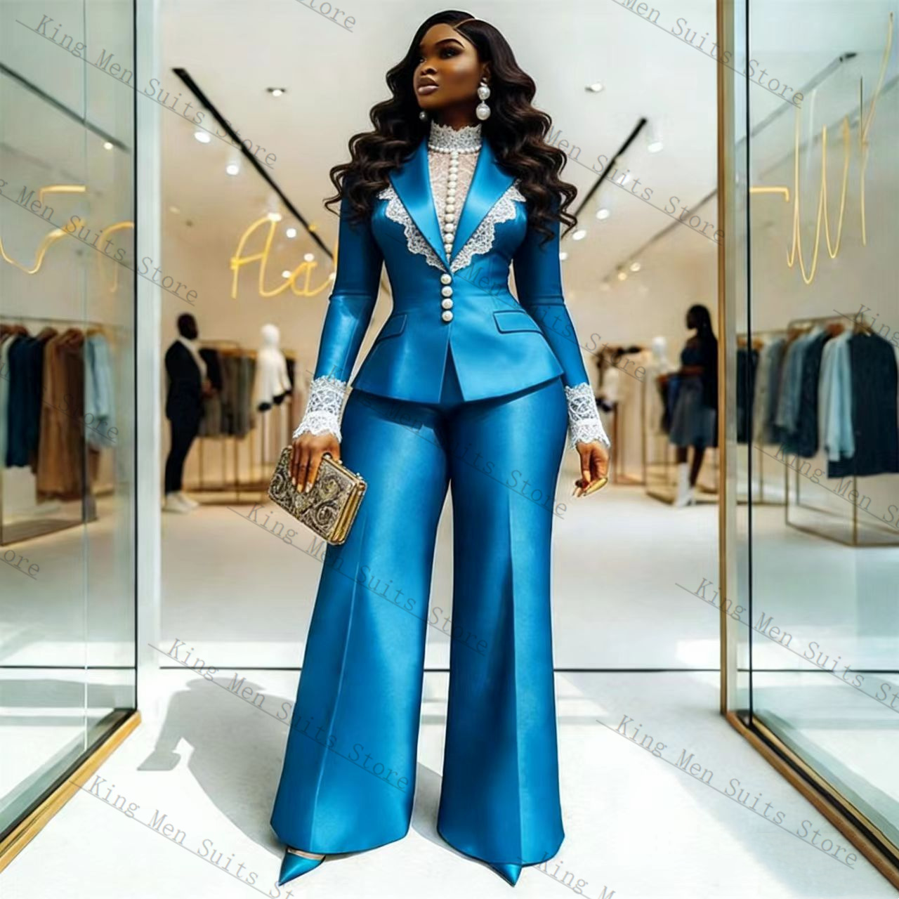 Women'S Formal Wear Jackets - Mavi Saten Dantel Kadın Takım Elbise