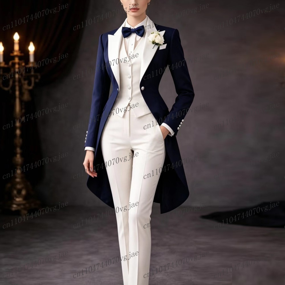 Blazer Set Women Formal - Lacivert Beyaz Uzun Kadın Takım Elbise