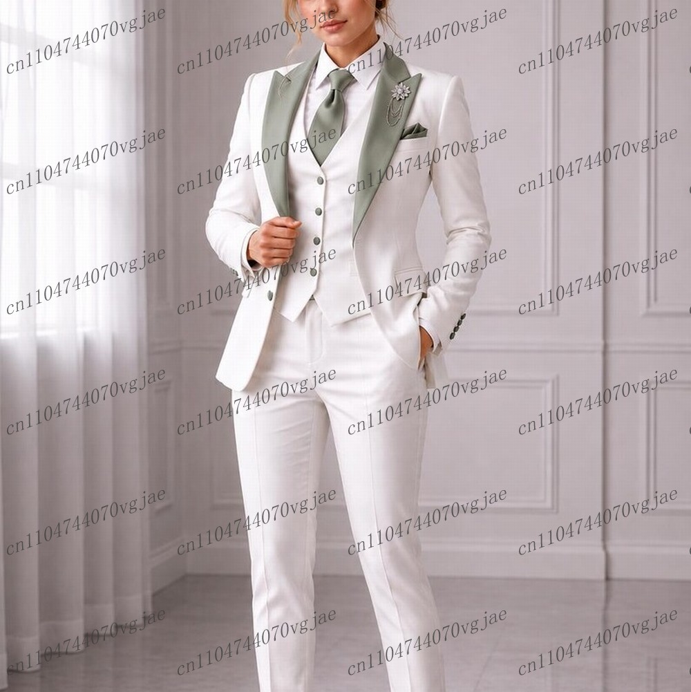 Blazer Set Women Formal - Nane Yeşili Yaka Beyaz Resmi İş