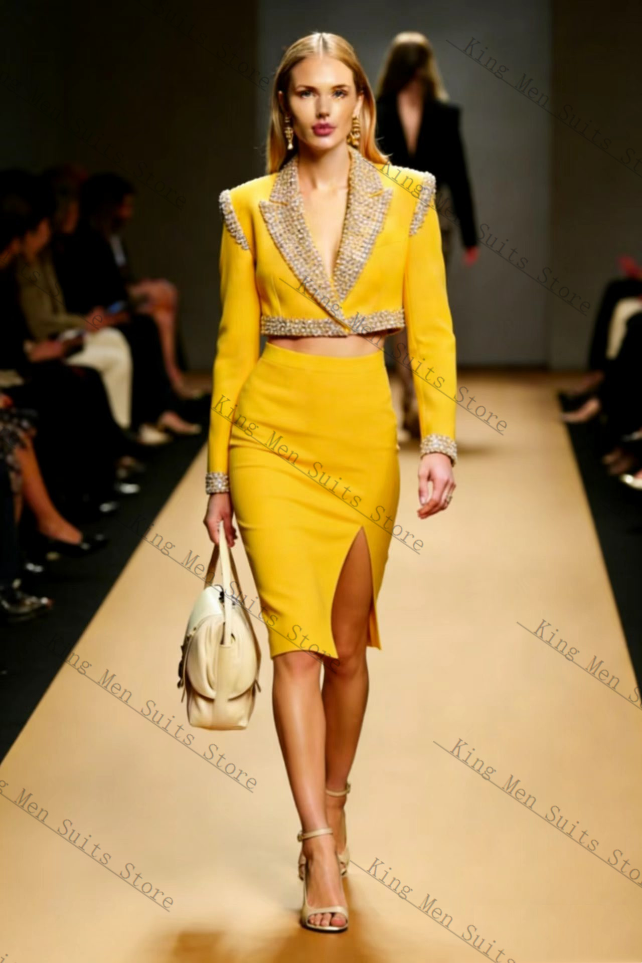 Yellow Formal Wear Women - Sarı Kristaller Kadın Takım Elbise Etek