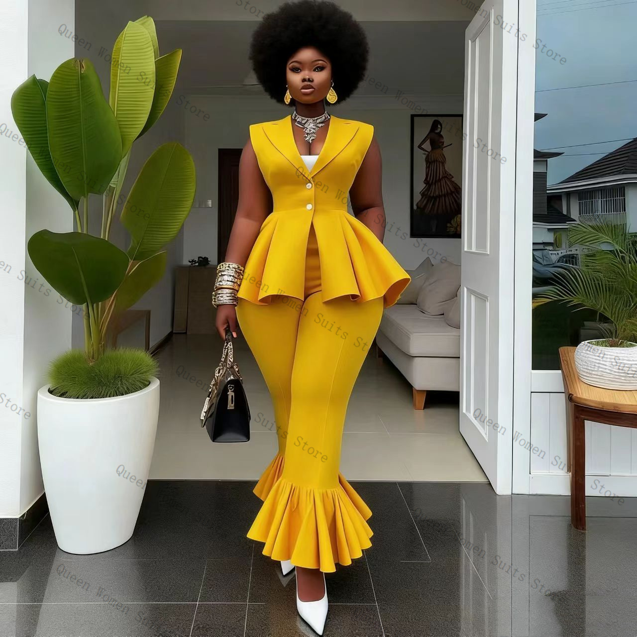 Yellow Formal Wear Women - Sarı Kadın Takım Elbise Pantolon Seti