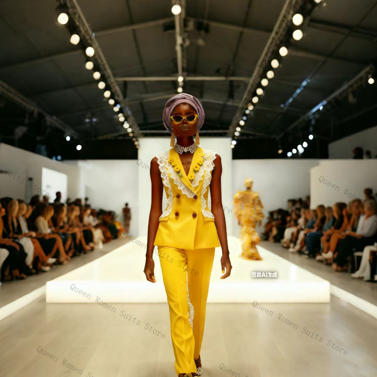 Yellow Formal Wear Women - Sarı Beyaz Dantel Kadın Takım Elbise