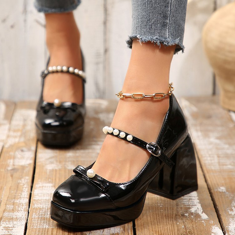 Pump Heel Block - Lüks Marka Blok Topuklu Mary Jane
