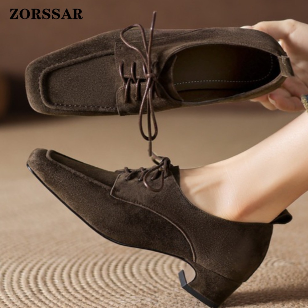 Women Formal Office Wear Shoes - Kadın Kahverengi Süet Kare Burunlu Bağcıklı