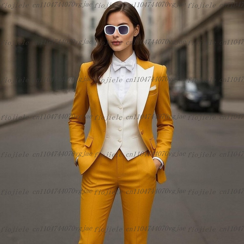 Blazer Set Women Formal - Sarı ve Beyaz Resmi İş Kadını