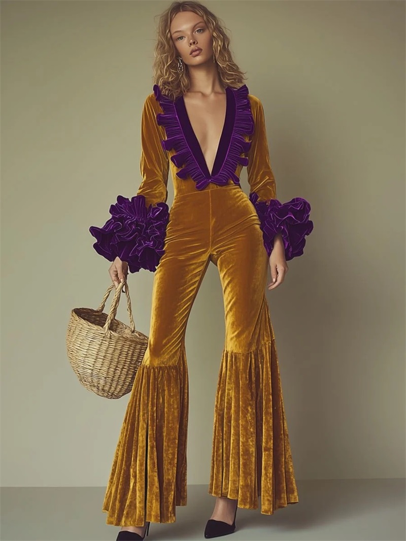Yellow Formal Wear Women - Sarı Mor Kadife Kadın Tulum Seksi